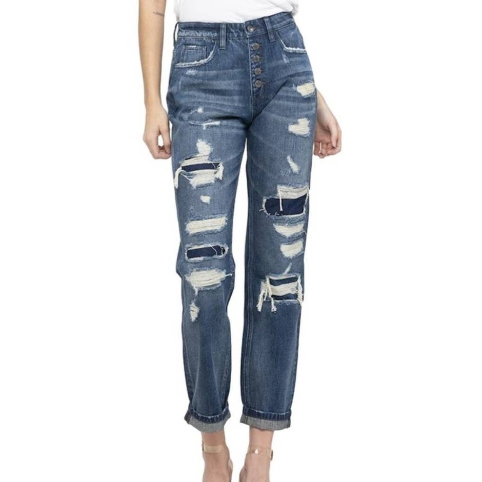 Vervet Womens Distressed And Patched Boyfriend Mom Jeans Size 27